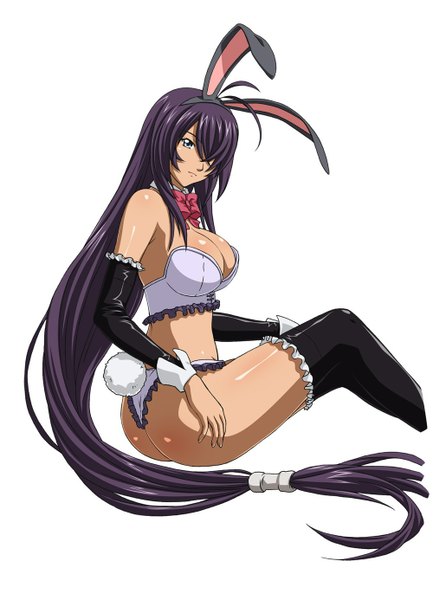 Anime picture 1000x1385 with ikkitousen kanu unchou single tall image looking at viewer fringe breasts blue eyes light erotic simple background large breasts white background sitting bare shoulders purple hair ahoge very long hair hair over one eye bunny ears underwear only