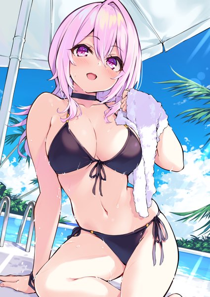 Anime-Bild 708x1000 mit cu-no yayoi sakura hisenkaede single long hair tall image looking at viewer fringe breasts open mouth light erotic smile hair between eyes large breasts sitting pink hair sky cleavage cloud (clouds) outdoors