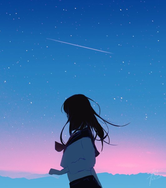 Anime picture 1080x1223 with original tr (hareru) single long hair tall image black hair standing signed sky outdoors wind from behind night short sleeves night sky twitter username dated horizon mountain shooting star