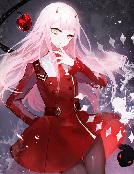 Anime-Bild 1500x1950 mit darling in the franxx studio trigger zero two (darling in the franxx) juexing (moemoe3345) single long hair tall image looking at viewer fringe green eyes pink hair blunt bangs horn (horns) thigh gap dark background pale skin tsurime girl dress uniform