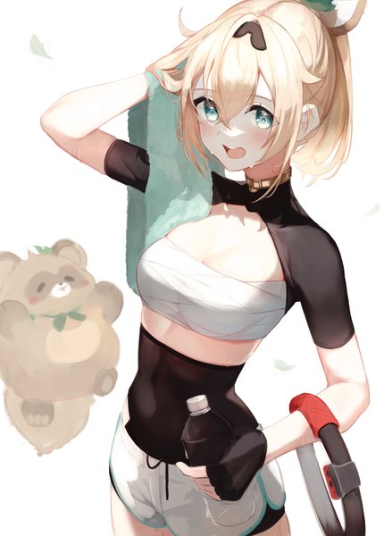 Anime picture 1447x2019 with ring fit adventure virtual youtuber hololive kazama iroha pokobee lumo 1121 single tall image blush fringe short hair open mouth blonde hair hair between eyes standing looking away ponytail :d aqua eyes from above