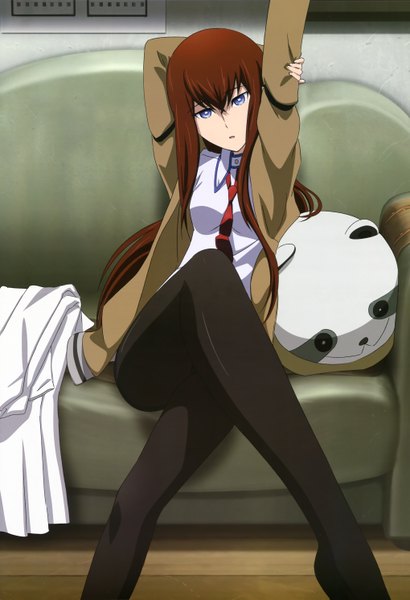 Anime picture 4079x5965 with steins;gate white fox megami magazine makise kurisu single long hair tall image highres blue eyes brown hair sitting absurdres official art girl pantyhose couch