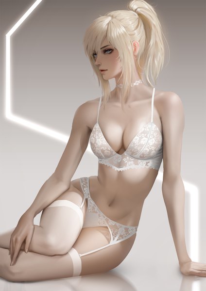 Anime picture 2828x4000 with original tess turner raikoart single long hair tall image looking at viewer fringe highres breasts light erotic simple background blonde hair hair between eyes large breasts sitting bare shoulders payot cleavage bent knee (knees)