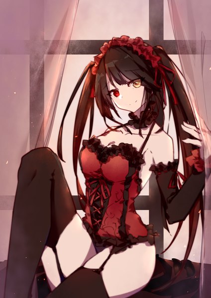 Anime picture 2893x4093 with date a live tokisaki kurumi mo_ single long hair tall image looking at viewer fringe highres breasts light erotic black hair red eyes large breasts sitting twintails bare shoulders yellow eyes payot indoors