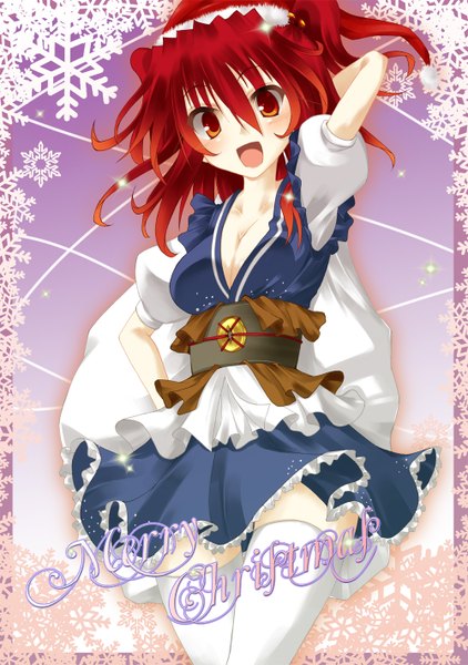 Anime picture 1000x1420 with touhou onozuka komachi fuyuno taka (artist) single tall image blush short hair open mouth red eyes red hair two side up christmas merry christmas girl thighhighs dress white thighhighs santa claus hat
