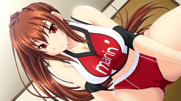 Anime picture 1280x720 with dekakute ecchi na ore no ane long hair breasts light erotic red eyes brown hair wide image large breasts game cg ponytail girl uniform gym uniform