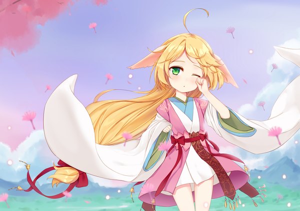 Anime picture 2700x1900 with huyao xiao hongniang tushan susu fufumi single looking at viewer highres blonde hair green eyes animal ears sky ahoge traditional clothes japanese clothes one eye closed wide sleeves thigh gap low ponytail mountain girl kimono