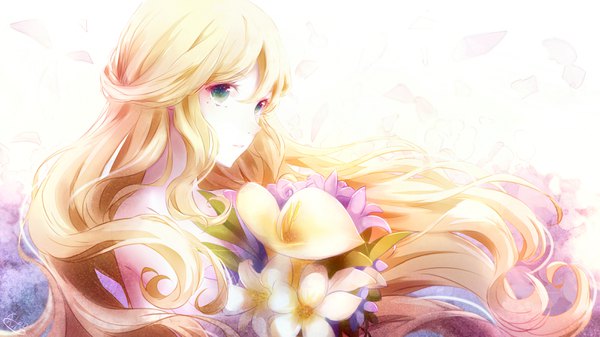 Anime picture 3200x1800 with original c75159529 single long hair fringe highres blonde hair hair between eyes wide image white background holding green eyes payot looking away upper body mole mole under eye floating hair half updo traditional media