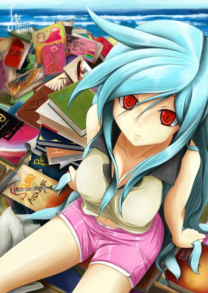 Anime picture 1330x1872 with original yamikou (farixsanq) single long hair tall image looking at viewer breasts red eyes large breasts sitting blue hair from above sad girl sword shorts sea rose (roses) book (books) t-shirt