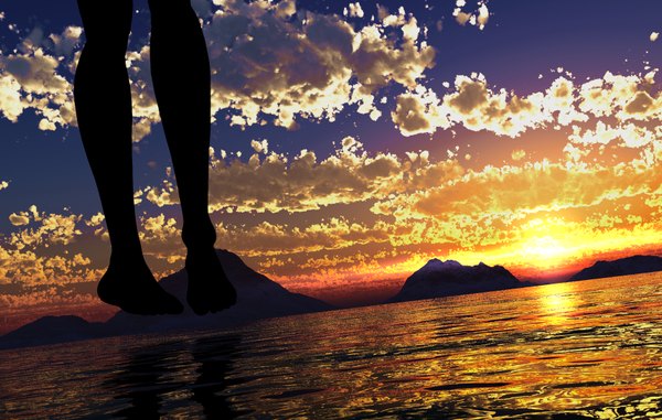 イラスト 1700x1080 と オリジナル y-k 空 cloud (clouds) 裸足 legs glowing evening light sunset horizon landscape 水 海 太陽