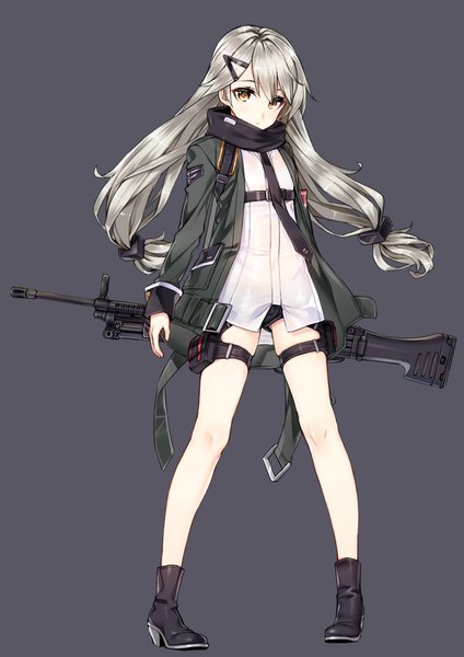 Anime picture 826x1168 with girls frontline mg4 (girls frontline) kuro (kuronell) single long hair tall image looking at viewer blush fringe light erotic standing twintails holding yellow eyes silver hair open jacket low twintails expressionless girl hair ornament