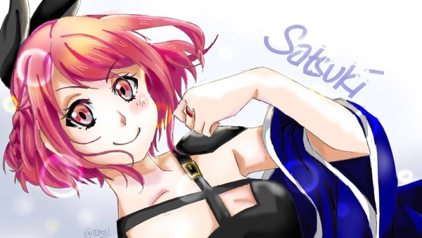 Anime picture 1280x720 with shichisei no subaru usui satsuki lemon claire single looking at viewer blush short hair breasts simple background smile red eyes wide image signed red hair wide sleeves character names twitter username girl dress ribbon (ribbons)