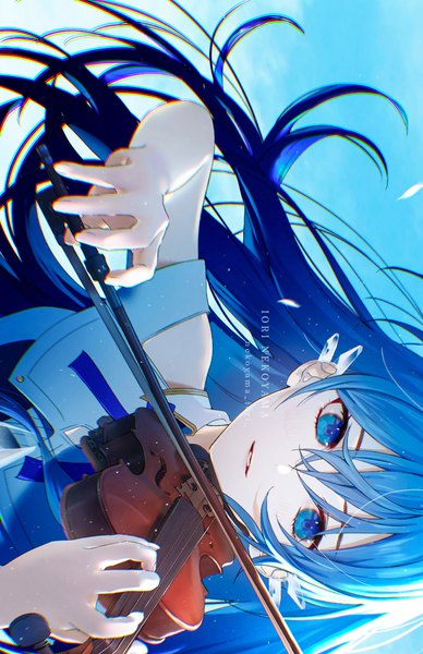 Anime picture 2164x3349 with original nekoyama iori single long hair tall image highres blue eyes signed blue hair upper body playing instrument sideways girl musical instrument violin bow (instrument)