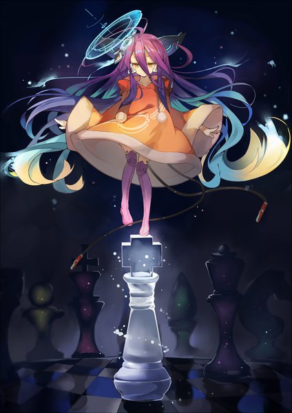 Anime picture 1130x1600 with no game no life madhouse shuvi (no game no life) mitu yang single tall image fringe blonde hair hair between eyes standing animal ears yellow eyes looking away purple hair ahoge tail long sleeves very long hair animal tail multicolored hair