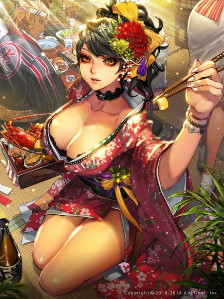 Anime picture 1200x1600 with furyou michi ~gang road~ xaxak long hair tall image looking at viewer breasts open mouth light erotic black hair smile large breasts holding yellow eyes cleavage traditional clothes japanese clothes hair flower fingernails lips sunlight