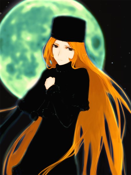Anime picture 1000x1333 with galaxy express 999 toei animation maetel nimirom single long hair tall image orange hair orange eyes girl cape full moon cap winter clothes