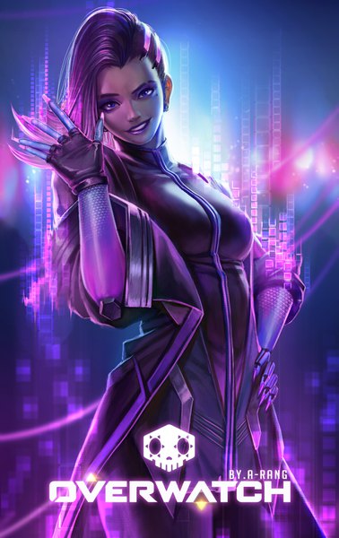 Anime picture 2141x3400 with overwatch blizzard entertainment sombra (overwatch) taekwon kim single long hair tall image looking at viewer highres breasts blue eyes smile standing purple hair nail polish arm up fingernails realistic inscription teeth