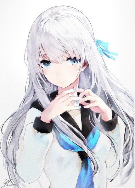 Anime picture 1296x1812 with original iori (cpeilad) single long hair tall image looking at viewer blush fringe blue eyes simple background hair between eyes white background signed payot silver hair upper body nail polish fingernails light smile arms up