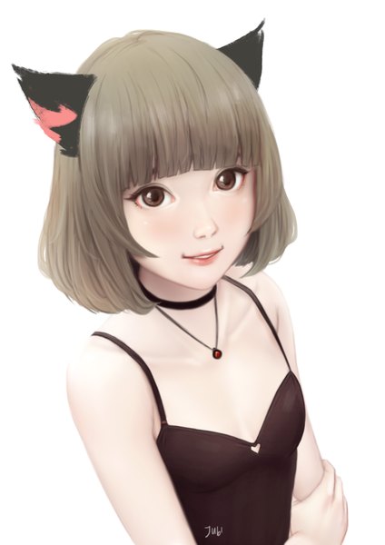 Anime-Bild 2480x3508 mit original hana (jubi) jubi (regiana) single tall image looking at viewer fringe highres short hair simple background brown hair white background bare shoulders brown eyes signed animal ears upper body blunt bangs parted lips from above