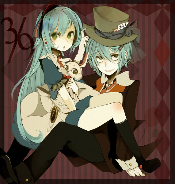 Anime picture 1000x1050 with alice in wonderland vocaloid hatsune miku hatsune mikuo purintowswsp long hair tall image short hair sitting twintails aqua eyes aqua hair girl dress boy hat socks black socks suit bunny