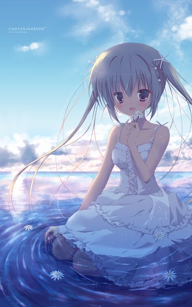 Anime picture 1000x1595 with original miyasaka miyu single long hair tall image blush open mouth red eyes silver hair girl dress flower (flowers) sundress