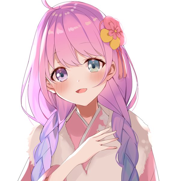 Anime picture 1239x1300 with virtual youtuber hololive himemori luna himemori luna (new year) ironeko rika single long hair tall image looking at viewer blush fringe open mouth simple background smile white background purple eyes green eyes pink hair purple hair upper body