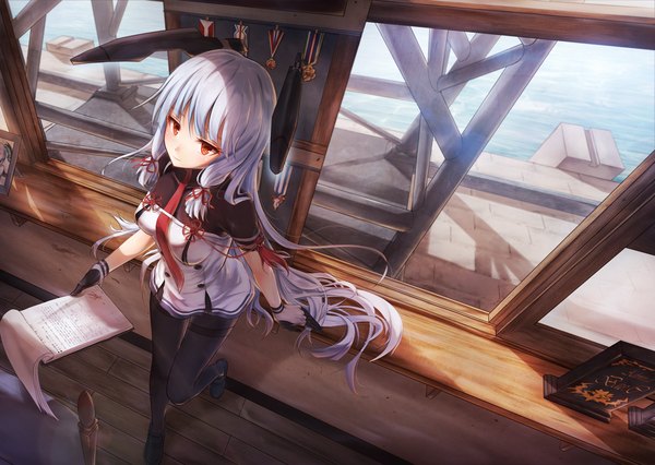 Anime picture 1200x852 with kantai collection murakumo destroyer bae.c single long hair looking at viewer blush red eyes holding looking away bent knee (knees) white hair blunt bangs very long hair light smile from above shadow tress ribbon girl gloves