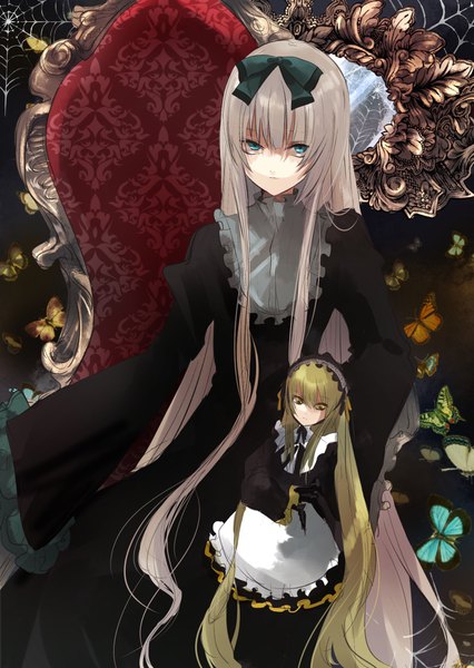 Anime picture 1240x1748 with original kayanogura single tall image looking at viewer fringe blonde hair hair between eyes sitting yellow eyes silver hair very long hair long sleeves aqua eyes black background looking down lolita fashion goth-loli gothic girl