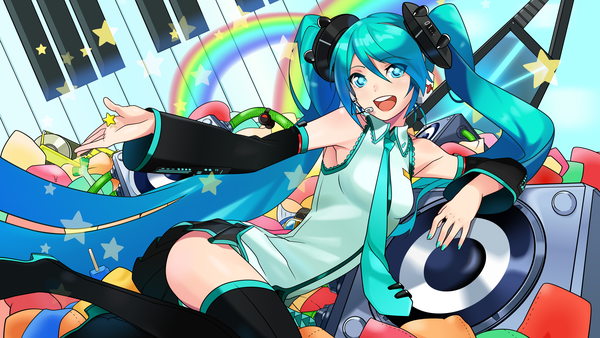 Anime picture 5760x3240 with vocaloid hatsune miku dekodere nana g single long hair looking at viewer highres open mouth smile wide image sitting twintails absurdres lying nail polish aqua eyes aqua hair zettai ryouiki symbol-shaped pupils