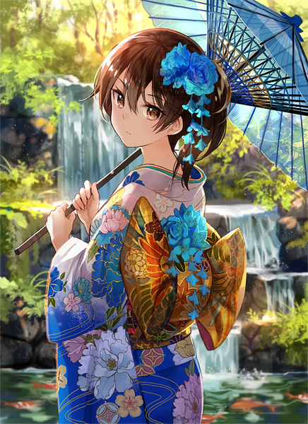 Anime picture 608x835 with kantai collection kaga aircraft carrier fuzichoco single tall image looking at viewer fringe short hair hair between eyes brown hair brown eyes traditional clothes japanese clothes looking back hair flower waterfall girl hair ornament flower (flowers) plant (plants)