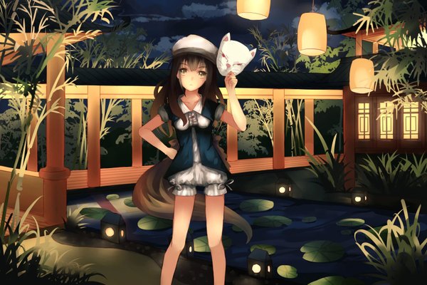 Anime picture 1600x1067 with original .l.l single long hair looking at viewer black hair yellow eyes tail animal tail night fox tail girl plant (plants) mask lamp fox mask