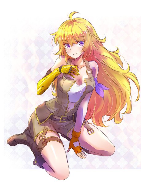Anime picture 1104x1440 with rwby rooster teeth yang xiao long iesupa single long hair tall image looking at viewer breasts simple background blonde hair smile purple eyes bare shoulders full body ahoge sleeveless wavy hair mechanical arms amputee