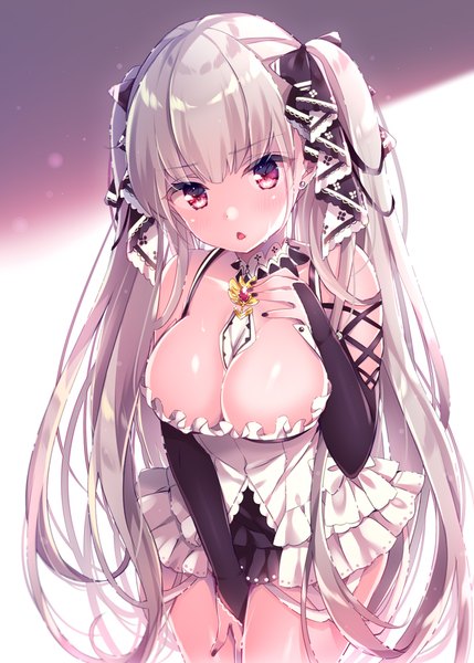 Anime-Bild 715x1000 mit azur lane formidable (azur lane) nemuri nemu single long hair tall image looking at viewer fringe breasts open mouth light erotic hair between eyes red eyes large breasts twintails cleavage nail polish grey hair shiny skin between breasts