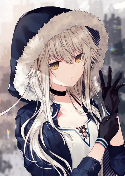 Anime picture 600x840 with original teigi single long hair tall image looking at viewer fringe hair between eyes brown eyes payot silver hair upper body open jacket depth of field fur trim shaded face lacing expressionless adjusting gloves girl