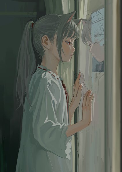 Anime picture 1000x1415 with original feiqizi (fkey) fkey single long hair tall image fringe red eyes standing animal ears payot looking away indoors blunt bangs profile grey hair cat ears reflection against glass girl