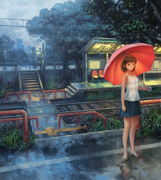 Anime picture 850x950 with original poripori single tall image looking at viewer short hair red eyes brown hair holding cloud (clouds) full body pleated skirt city light rain cityscape girl skirt plant (plants) tree (trees)