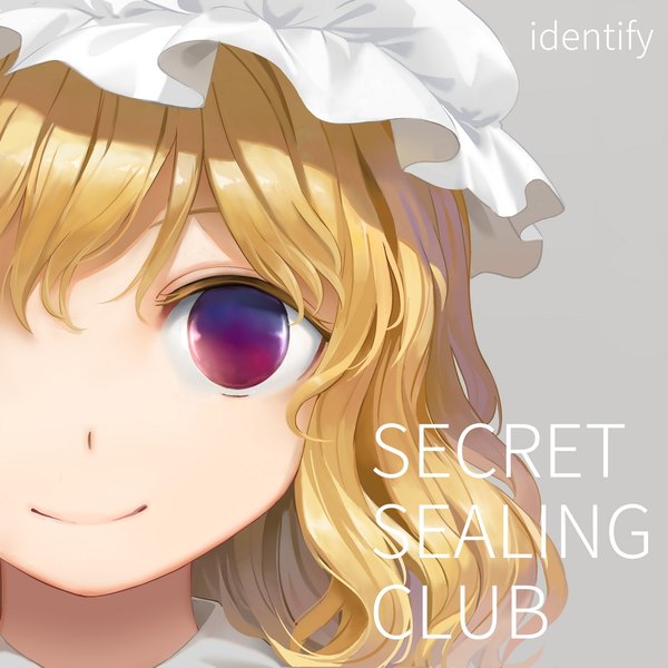 Anime picture 1000x1000 with touhou maribel hearn suna (s73d) single looking at viewer fringe short hair simple background blonde hair smile hair between eyes purple eyes grey background text close-up face english multicolored eyes shiny no pupils