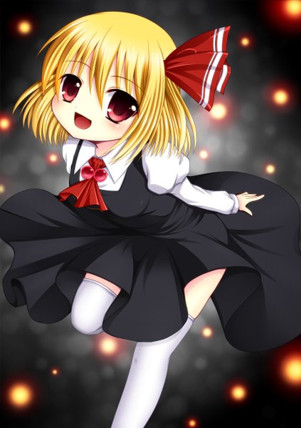 Anime picture 1748x2480 with touhou rumia asazuki kanai single tall image fringe highres short hair open mouth blonde hair red eyes long sleeves loli puffy sleeves girl thighhighs dress hair ornament bow hair bow