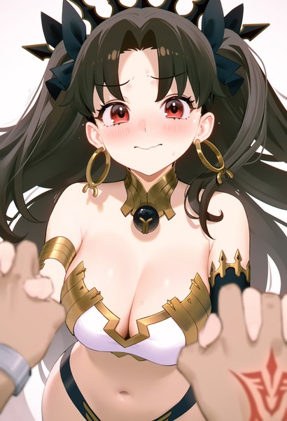 Anime picture 1830x2675 with fate (series) fate/grand order ishtar (fate) 95--- long hair tall image looking at viewer blush fringe highres breasts light erotic black hair simple background red eyes large breasts standing white background cleavage blurry