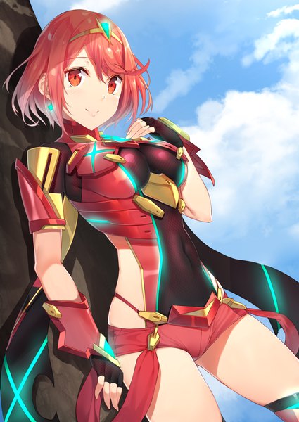 Anime picture 2507x3541 with xenoblade xenoblade 2 pyra (xenoblade) yappen single tall image looking at viewer blush highres short hair breasts light erotic smile red eyes standing sky cloud (clouds) red hair shadow dutch angle