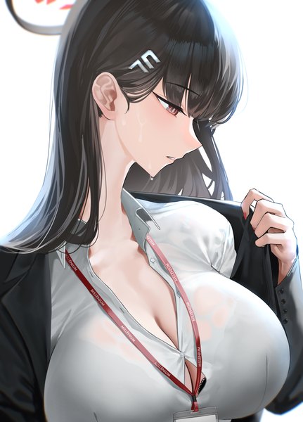 Anime-Bild 2126x2963 mit blue archive rio (blue archive) kazane-wind single long hair tall image fringe highres breasts light erotic black hair simple background red eyes large breasts white background looking away upper body nail polish profile fingernails