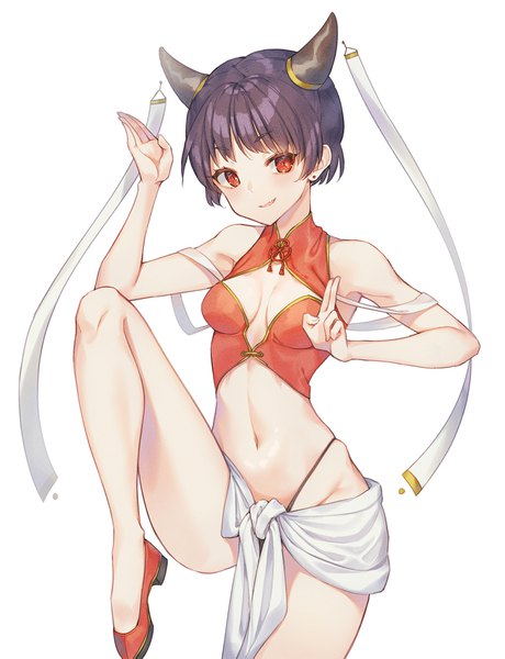 Anime picture 1300x1693 with original cha chya single tall image short hair breasts light erotic black hair simple background red eyes standing white background cleavage bent knee (knees) traditional clothes horn (horns) sleeveless groin standing on one leg chinese clothes