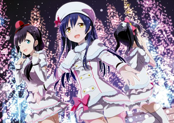 Anime picture 1168x824 with love live! school idol project sunrise (studio) love live! yazawa nico toujou nozomi sonoda umi gotyou looking at viewer blush open mouth black hair red eyes twintails multiple girls yellow eyes purple hair ponytail one eye closed looking back wink