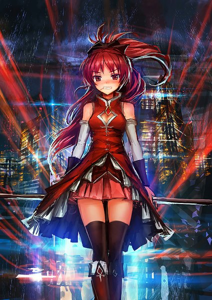 Anime picture 800x1132 with mahou shoujo madoka magica shaft (studio) sakura kyouko lm7 (op-center) single long hair tall image looking at viewer blush smile red eyes bare shoulders ponytail red hair zettai ryouiki grin cityscape cleavage cutout walking magical girl