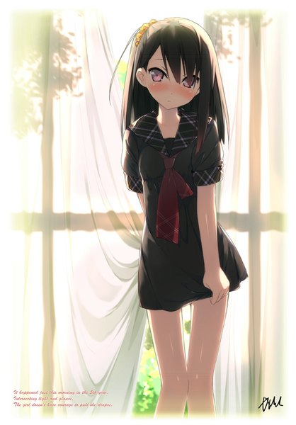 Anime picture 799x1146 with 5 nenme no houkago (artbook) original shizuku (kantoku) kantoku single tall image looking at viewer blush short hair breasts black hair red eyes standing indoors legs one side up knees touching girl dress curtains