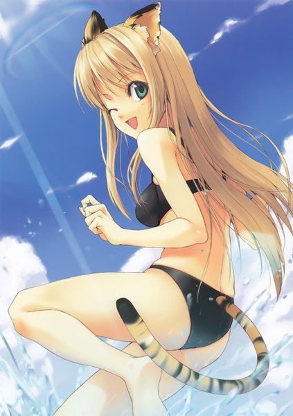 Anime picture 2490x3535 with luna (reclaimed land) single long hair tall image highres open mouth blonde hair green eyes animal ears animal tail one eye closed looking back wink girl swimsuit bikini black bikini splashes