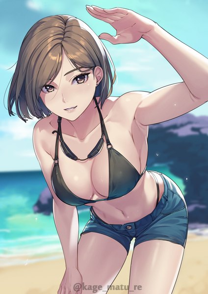 Anime picture 2894x4093 with original kagematsuri single tall image looking at viewer fringe highres short hair breasts light erotic brown hair large breasts standing brown eyes signed sky cleavage cloud (clouds) outdoors parted lips