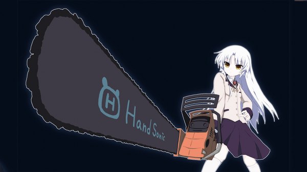 Anime picture 1920x1080 with angel beats! key (studio) tachibana kanade long hair highres wide image yellow eyes white hair chainsaw