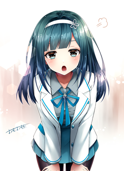 Anime picture 1920x2661 with original omoomomo single long hair tall image looking at viewer blush fringe highres open mouth simple background standing white background signed blunt bangs pleated skirt black eyes aqua hair :o leaning