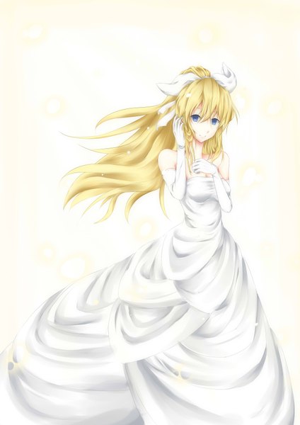 Anime picture 2480x3507 with katawa shoujo satou lilly aerlai (artist) single long hair tall image looking at viewer highres blue eyes blonde hair smile bare shoulders ponytail girl dress bow hair bow wedding dress